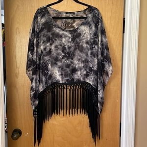 Sheer black/white tye dye poncho top with fringe